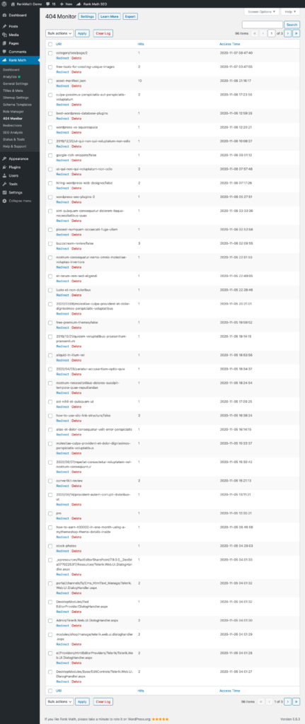 Rank Math: 404 Monitor and Redirections